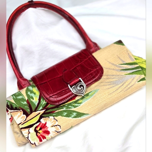 Brighton Handbags - BRIGHTON  Foldable Tote Palm Print Red Leather Opens to 16" High